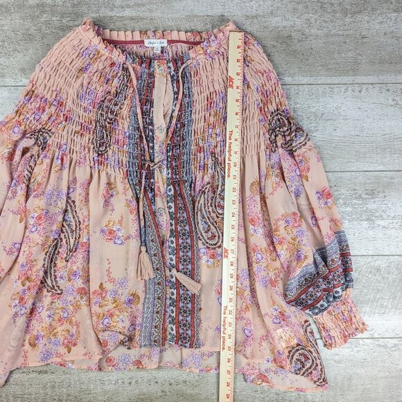 NWT Skylar & Jade Button Up Peasant Boho Tunic Top Dusted Pink Floral XL Tassel - Picture 3 of 6